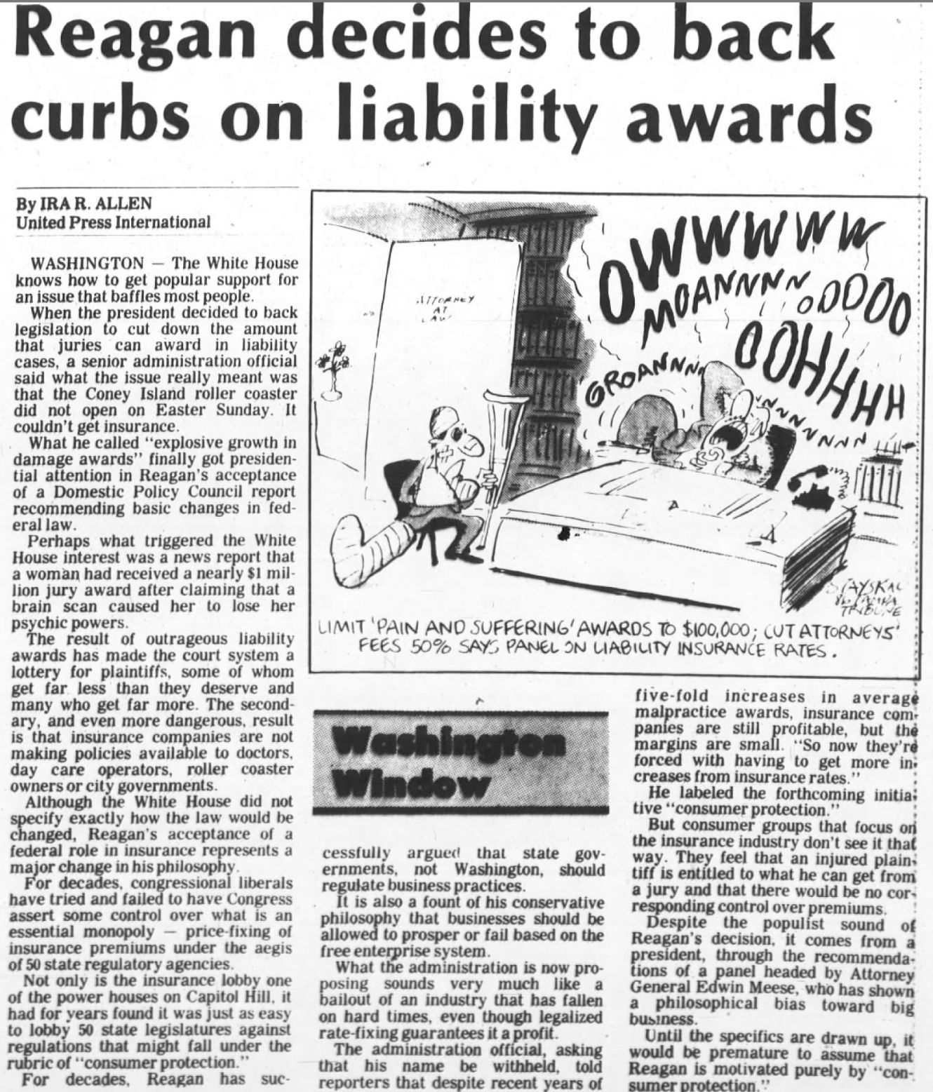 Reagan decides to back curbs on liability awards